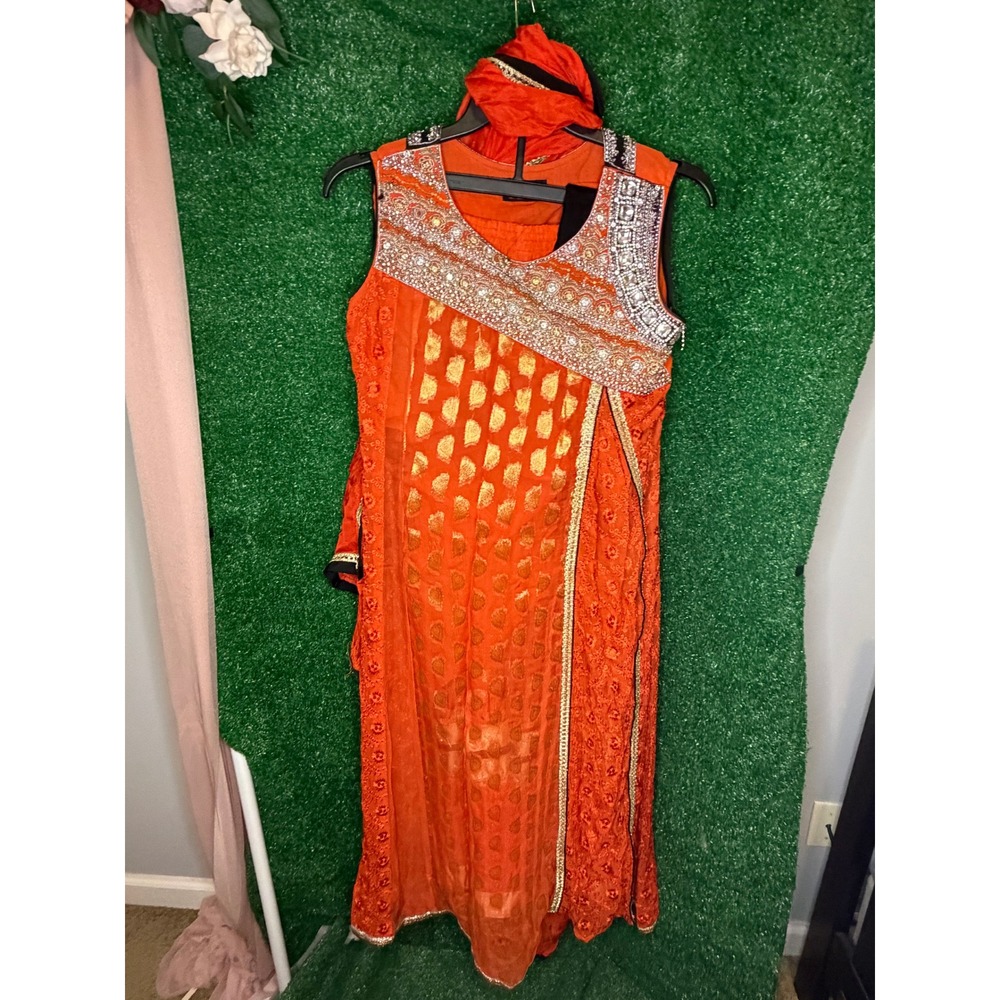 Orange Indian Shalwar Suit 3 Piece Mirror Work Wedding Set
